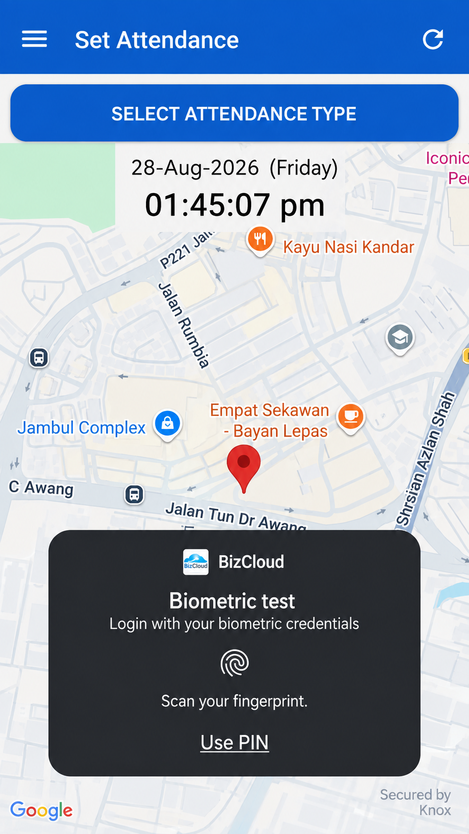 BizCloud App attendance screen with Android fingerprint verification prompt