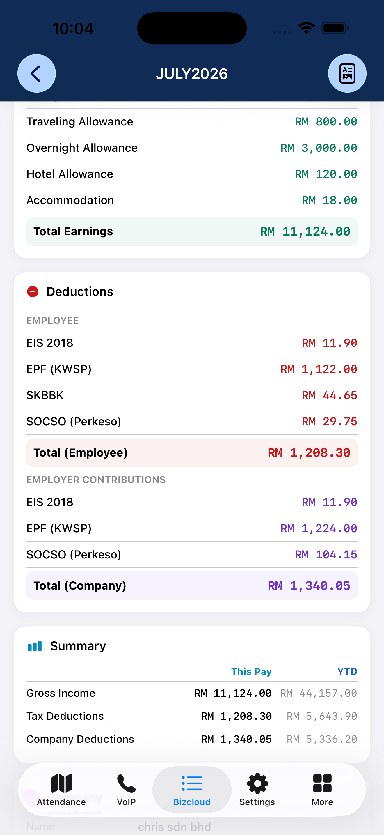 BMO HRM iOS payroll employee self service showing earnings deductions and payroll summary