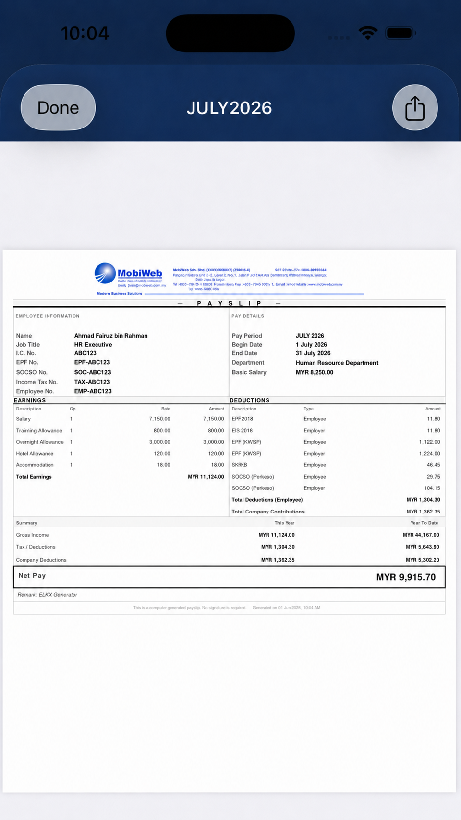 BMO HRM iOS payslip PDF preview with Malaysian dummy employee information