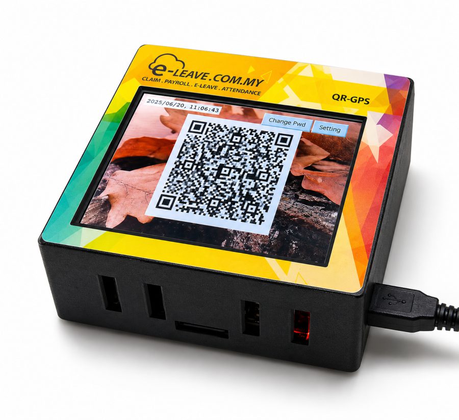 QR-GPS attendance device displaying a rotating QR code