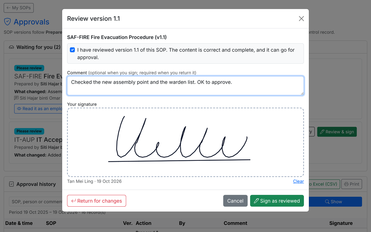 Reviewer signing version 1.1 of the Fire Evacuation Procedure: confirmation tick, comment and signature box