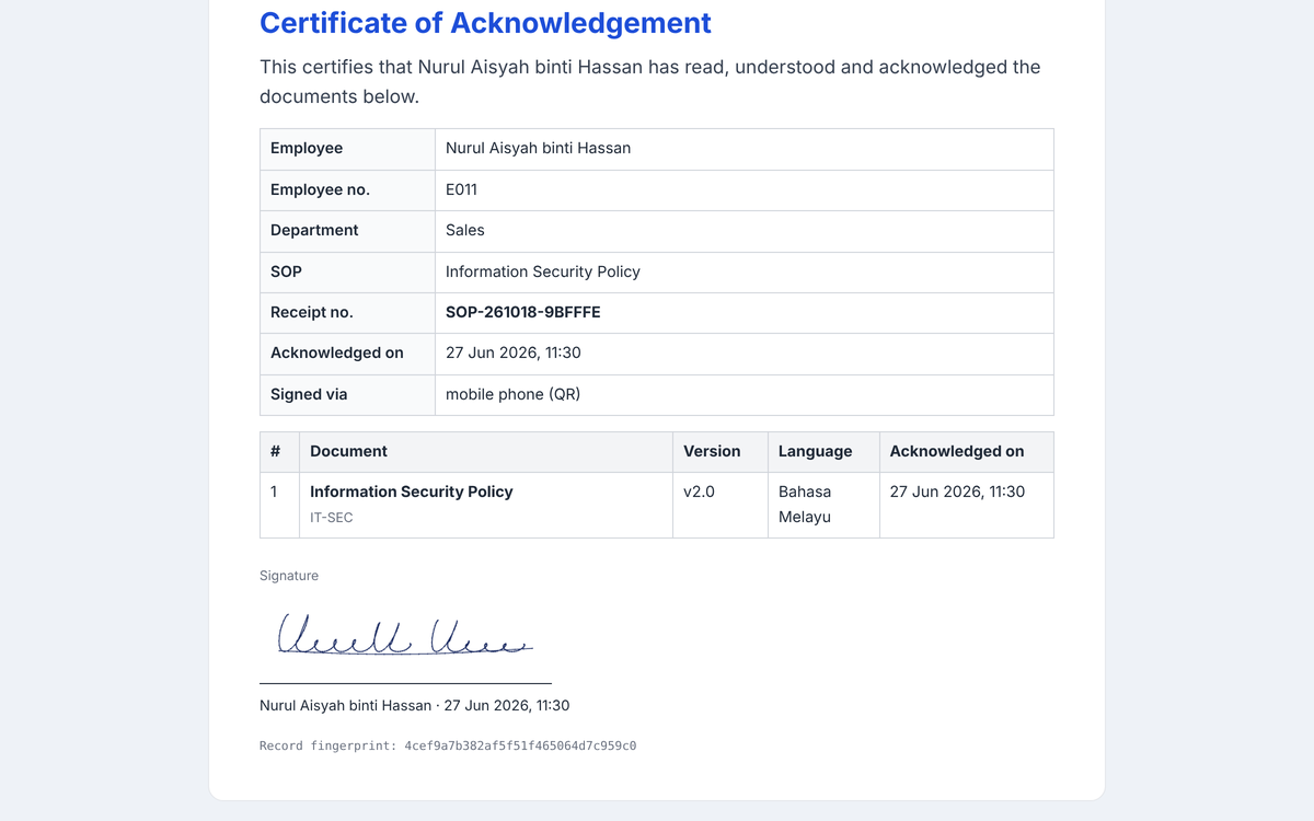 Certificate of Acknowledgement with document table and signature