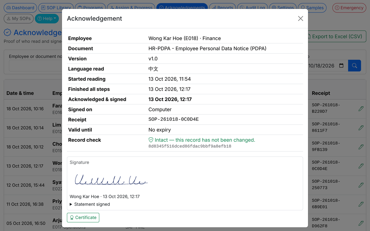 Acknowledgement record with version, language, dates, signature and an intact record check