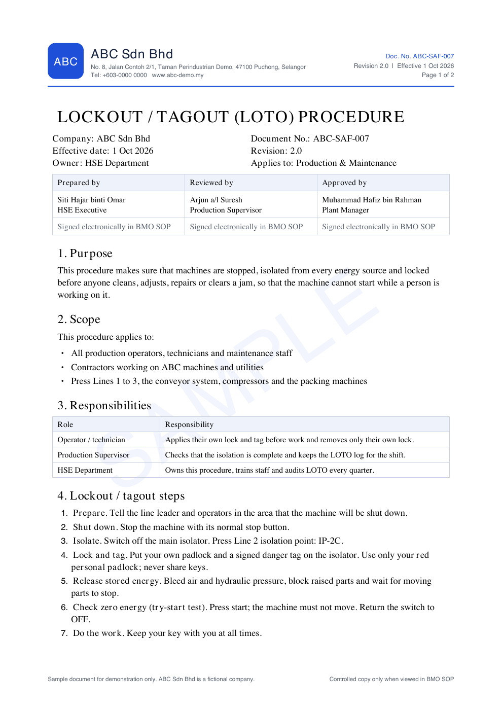 First page of the sample ABC-SAF-007 Lockout / Tagout procedure, revision 2.0, with prepared, reviewed and approved details and a SAMPLE watermark