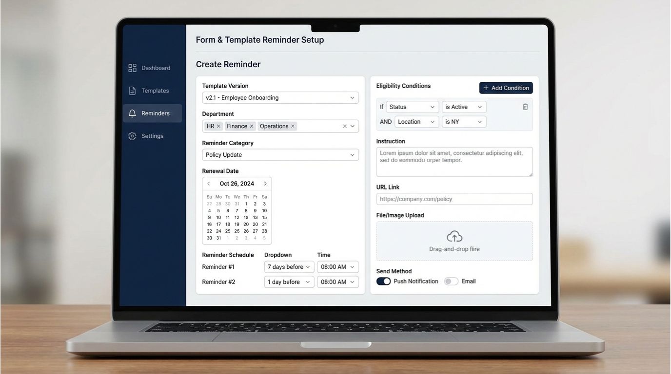 BizCloud Form & Template Reminder Setup Screen