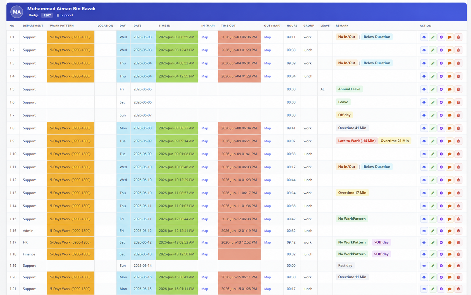 eLeave.my employee timesheet and attendance list sample report