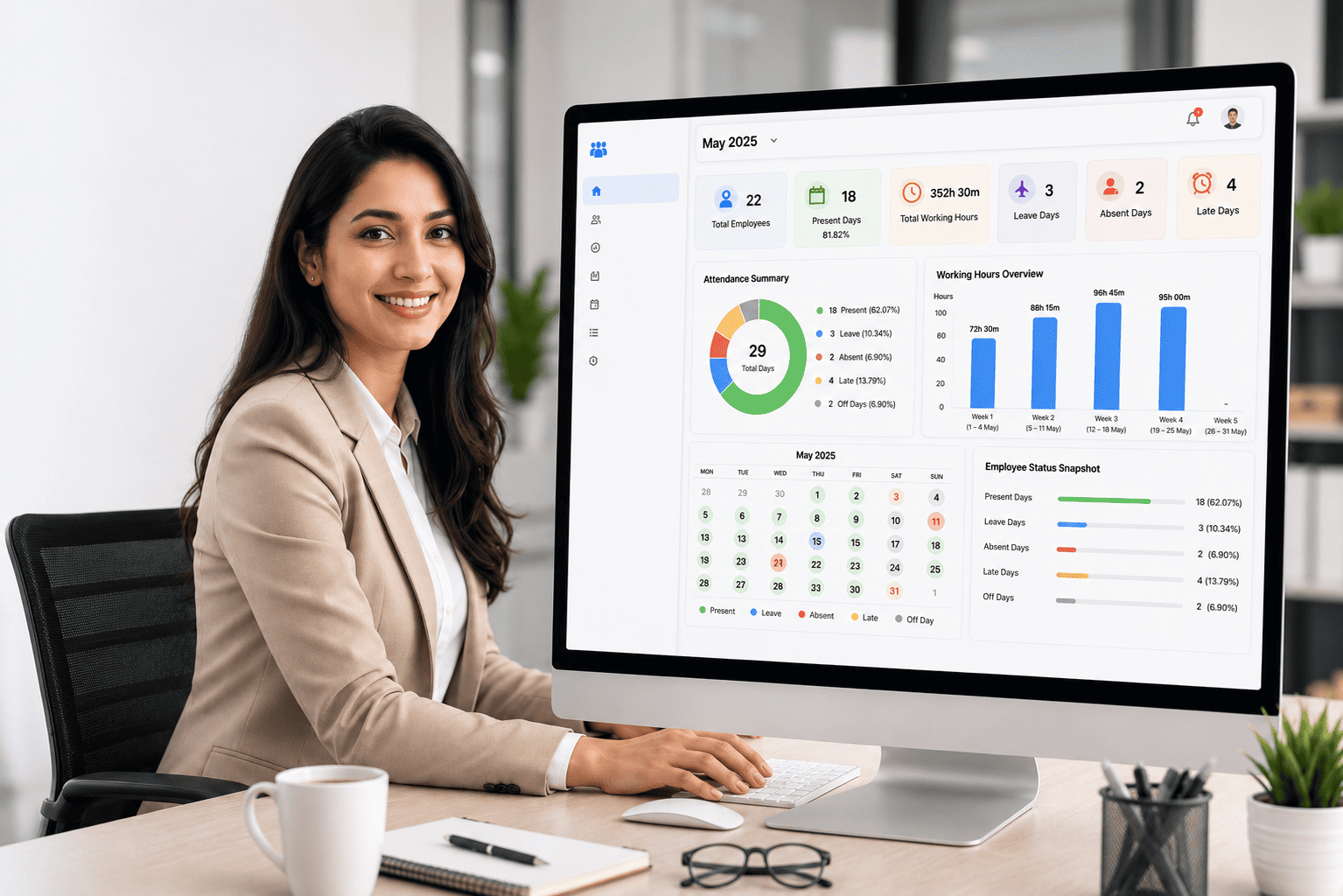 Malaysian HR manager reviewing attendance summary dashboard